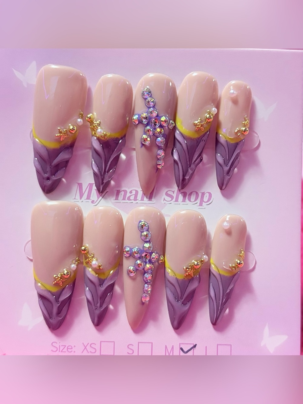 Elegant Nude & Purple Crystal Cross Press-On Nail Set